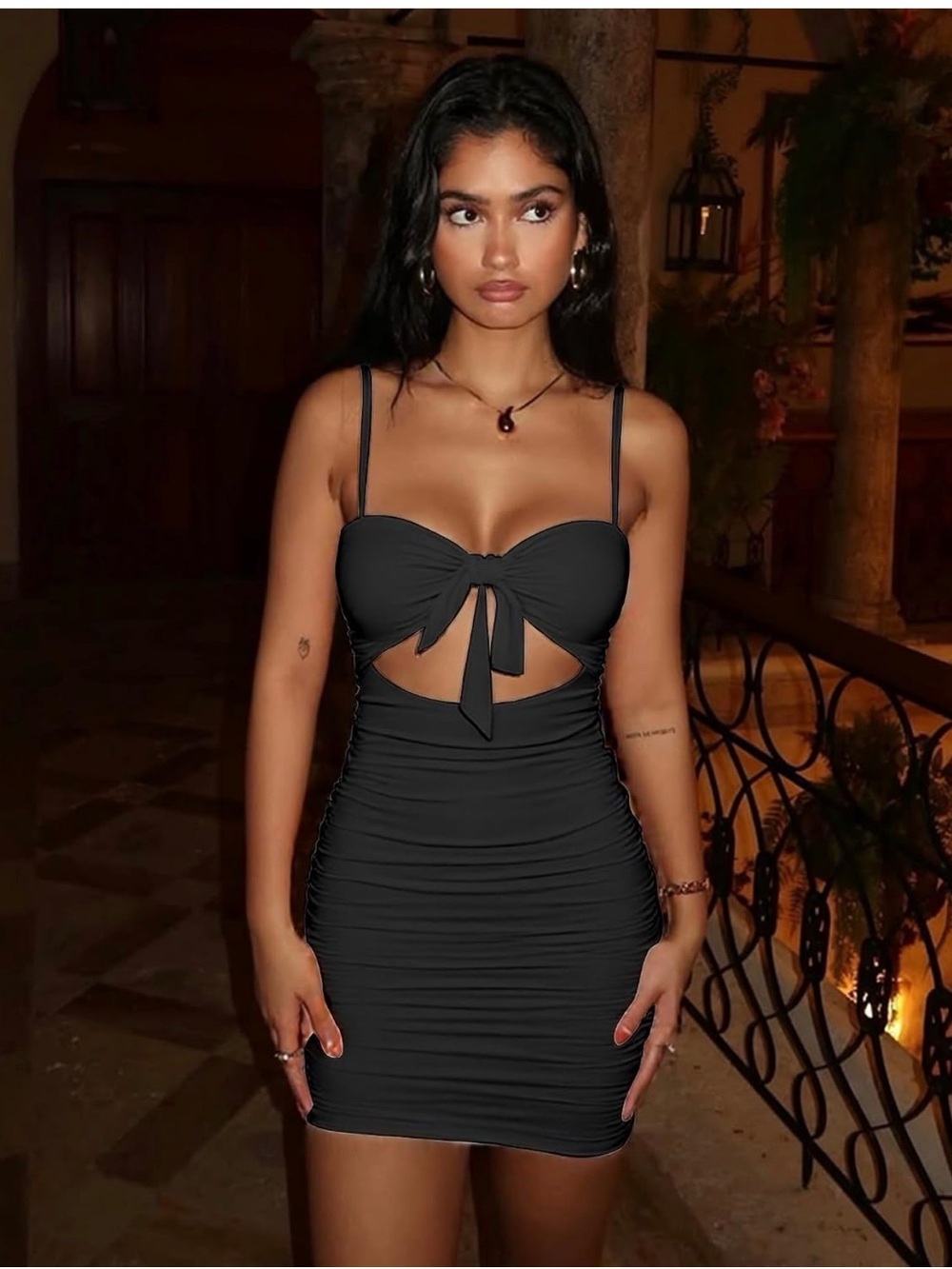 Black Ruched Tie-Front Spaghetti Strap Dress